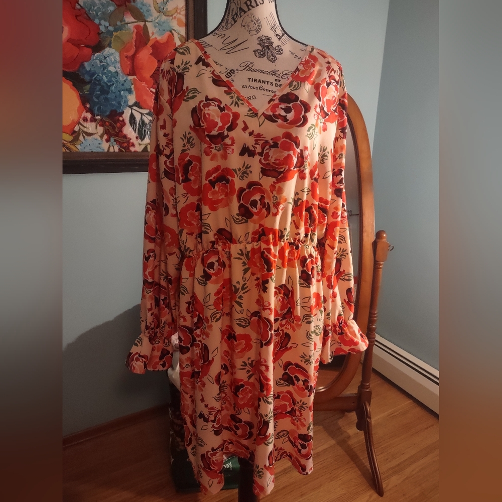 BloomChic Red and Light Pink Floral Long Sleeve Dress
